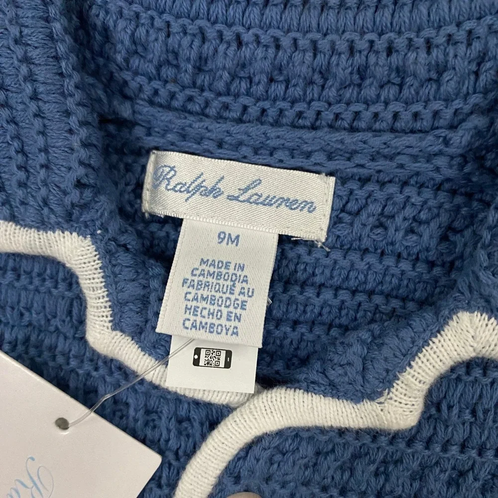 Ralph Lauren Crochet Camp Shirt Set Baby 9 Months Blue 2 Piece Knit Preppy